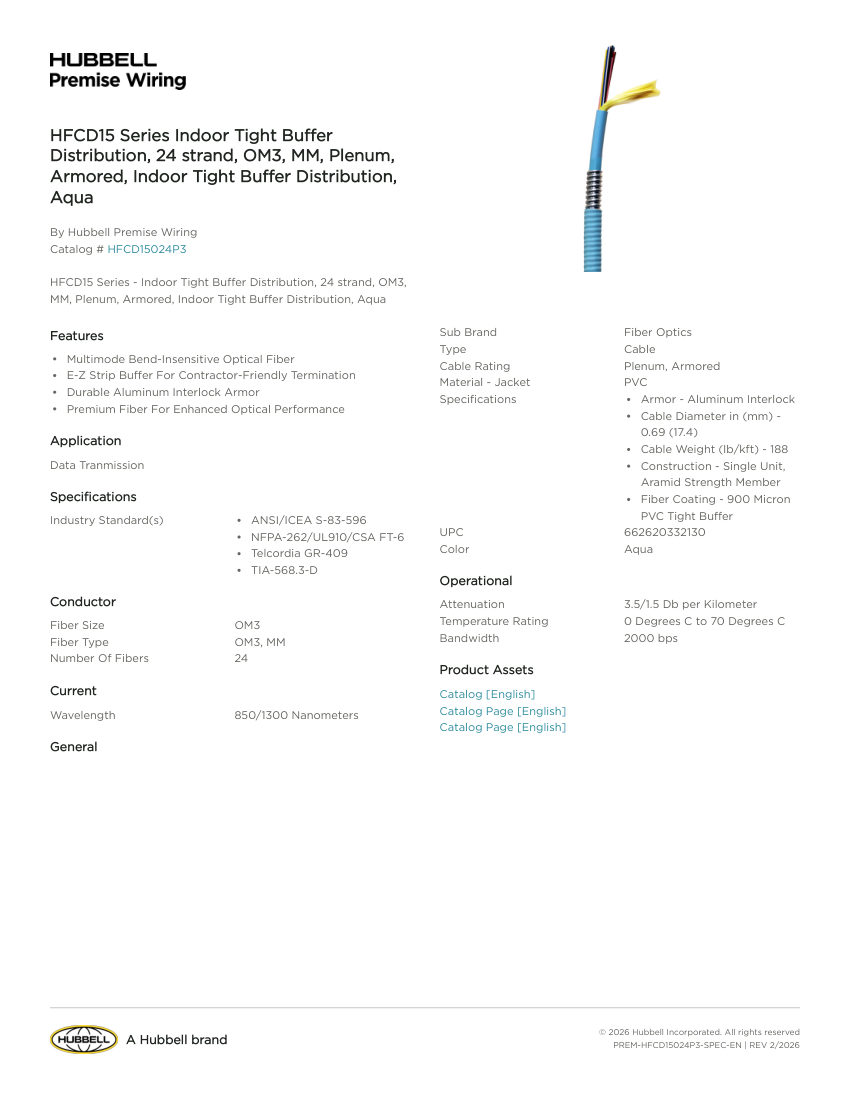 Hubbell Premise Wiring PREM-HFCD15024P3 cut sheet — first page