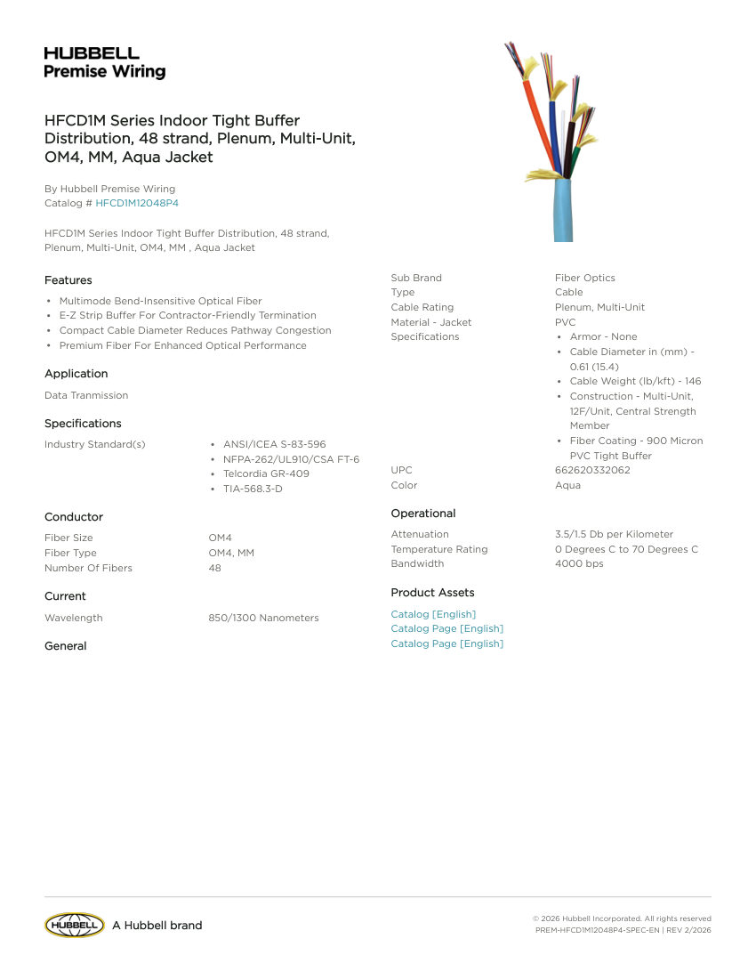 Hubbell Premise Wiring PREM-HFCD1M12048P4 cut sheet — first page