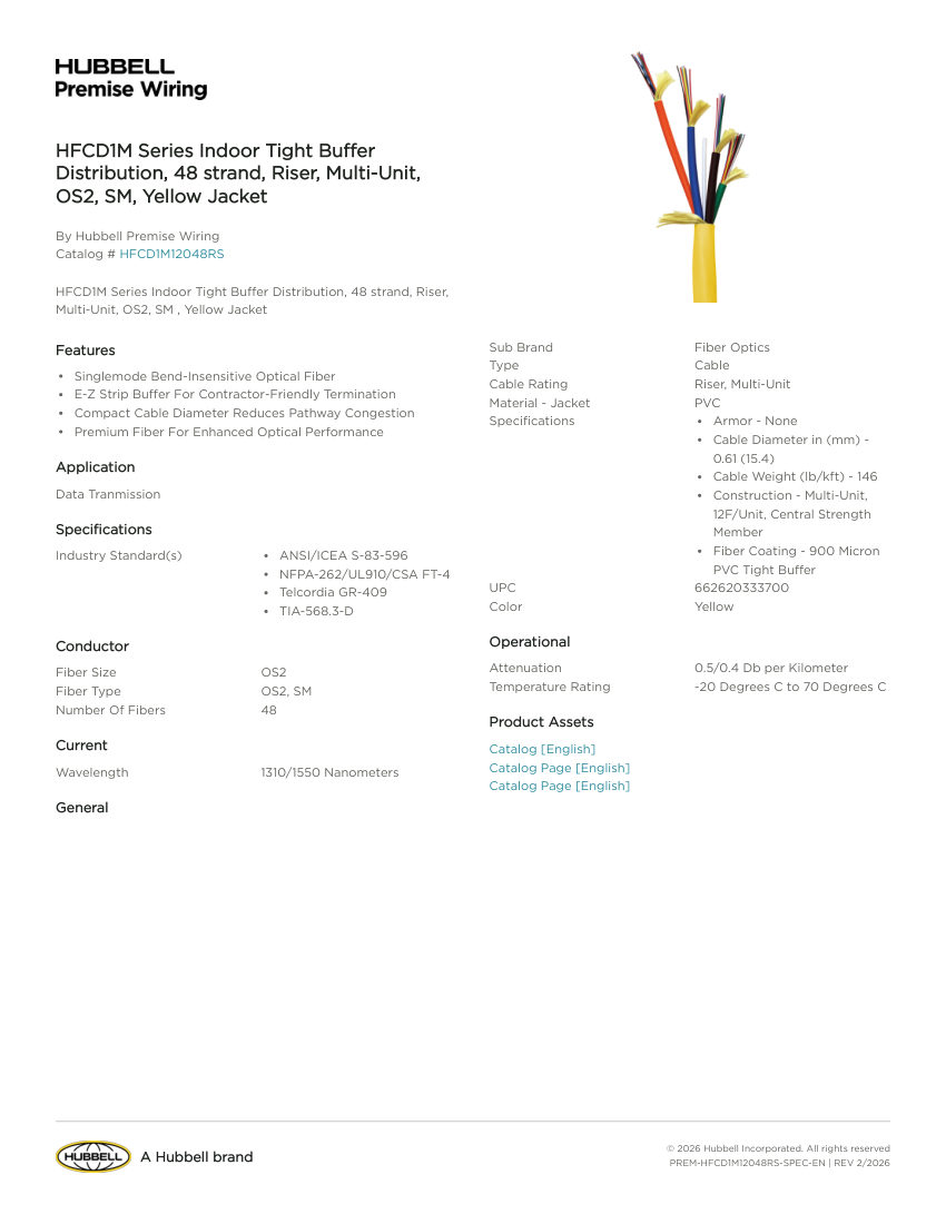 Hubbell Premise Wiring PREM-HFCD1M12048RS cut sheet — first page