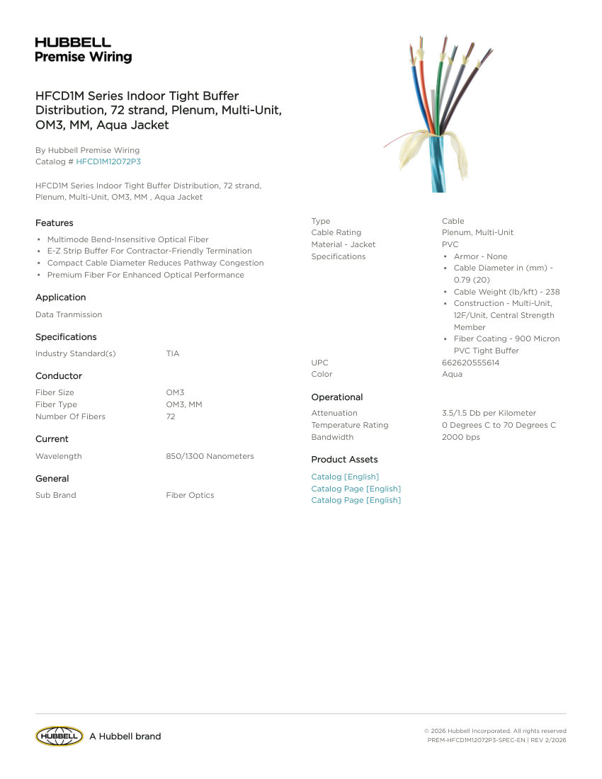 Hubbell Premise Wiring PREM-HFCD1M12072P3 cut sheet — first page