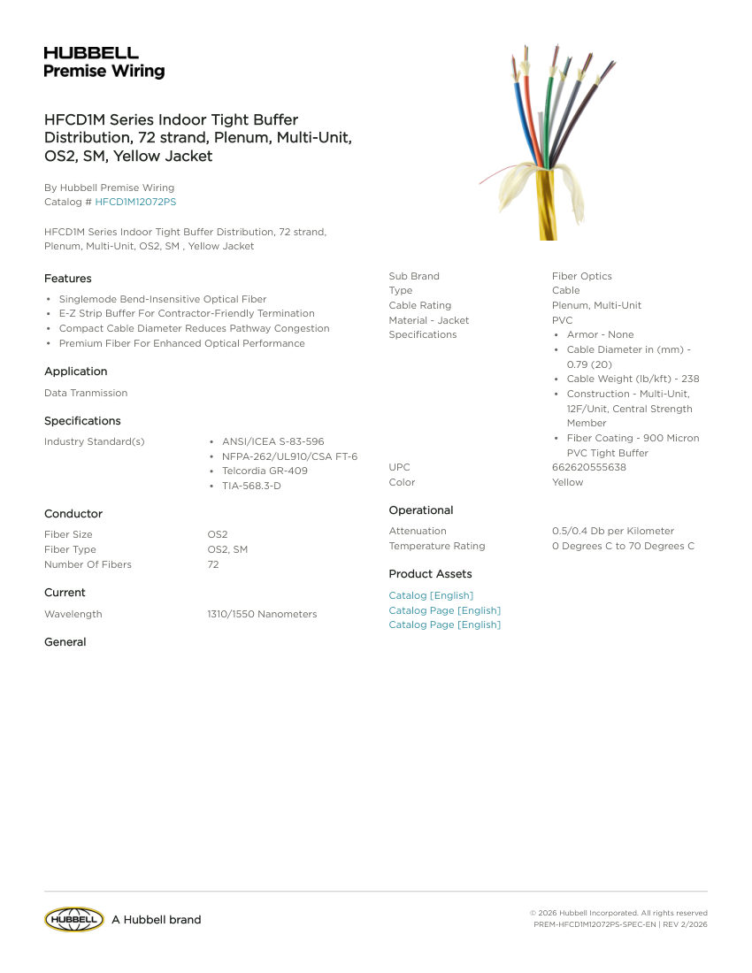 Hubbell Premise Wiring PREM-HFCD1M12072PS cut sheet — first page
