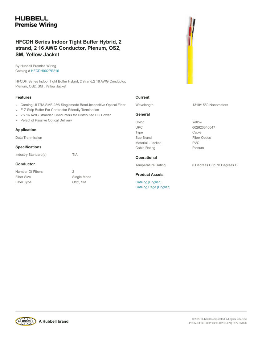 Hubbell Premise Wiring PREM-HFCDH002PS216 cut sheet — first page