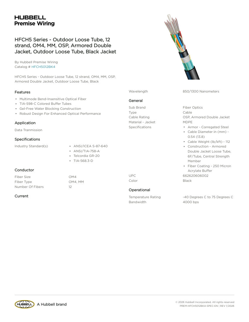 Hubbell Premise Wiring PREM-HFCH5012BK4 cut sheet — first page