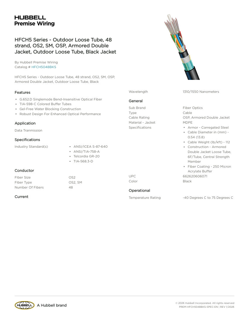 Hubbell Premise Wiring PREM-HFCH5048BKS cut sheet — first page