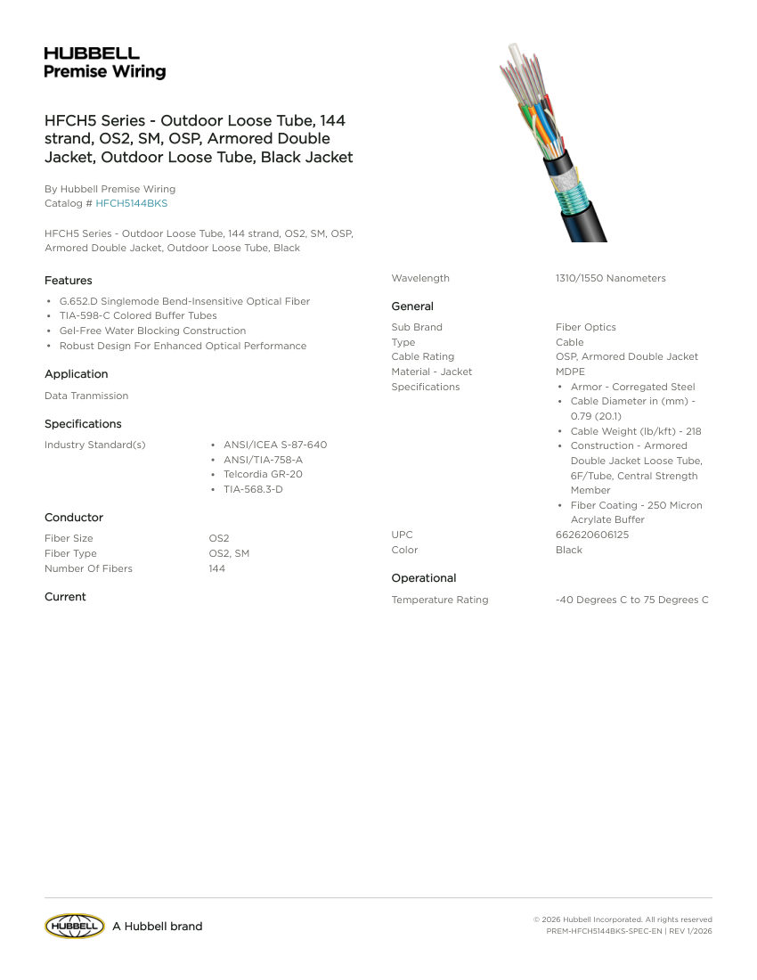 Hubbell Premise Wiring PREM-HFCH5144BKS cut sheet — first page