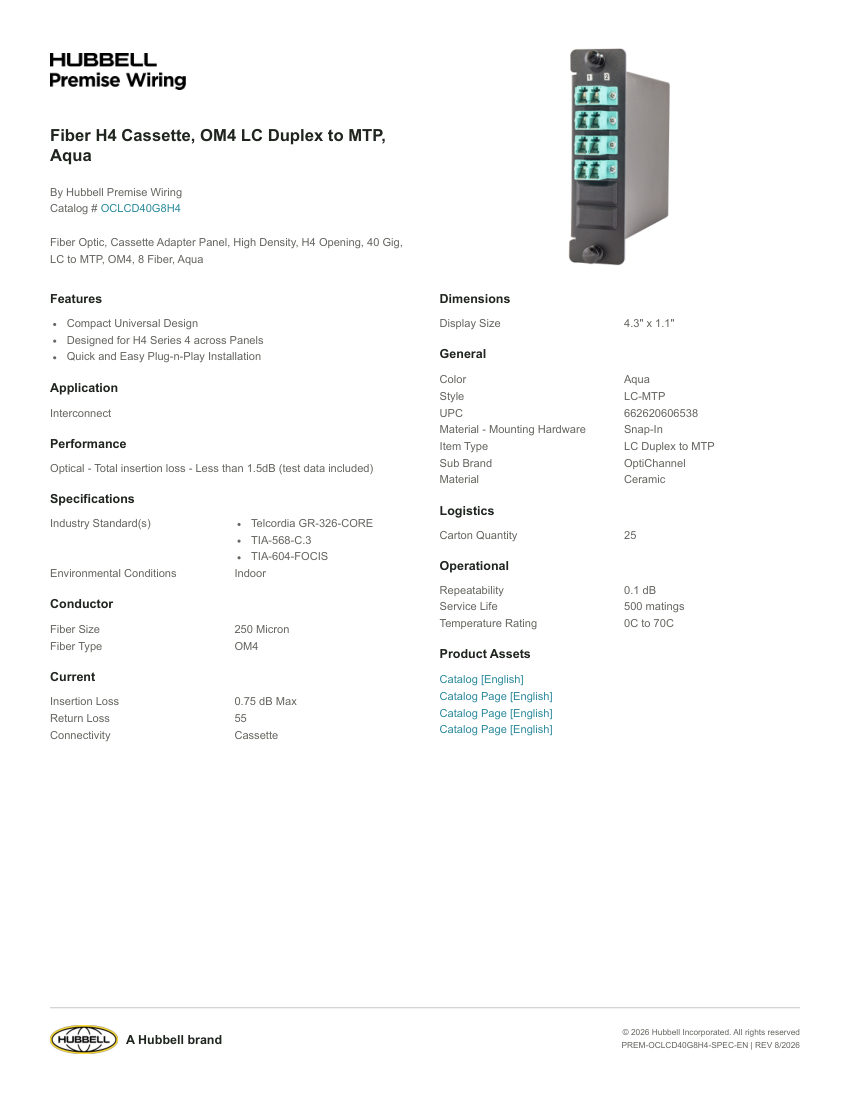 Hubbell Premise Wiring PREM-OCLCD40G8H4 cut sheet — first page