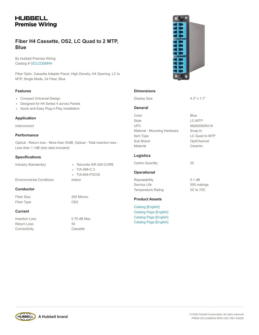 Hubbell Premise Wiring PREM-OCLCQSMH4 cut sheet — first page