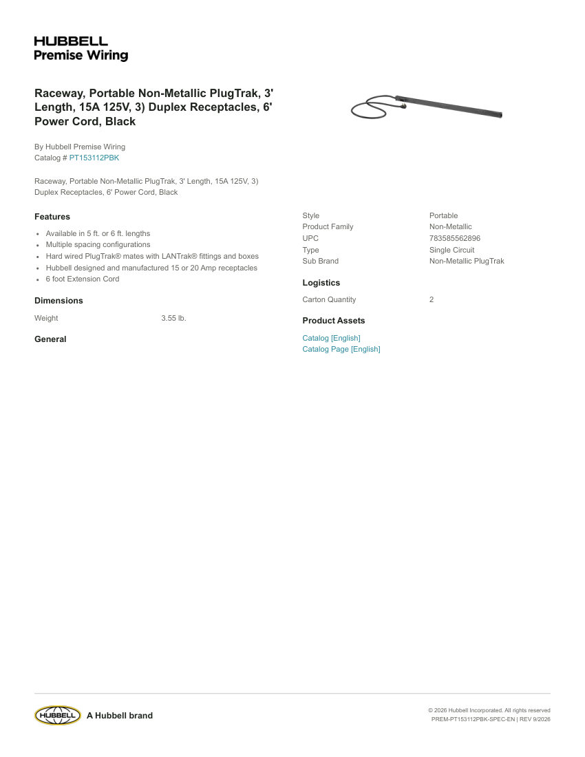 Hubbell Premise Wiring PREM-PT153112PBK cut sheet — first page