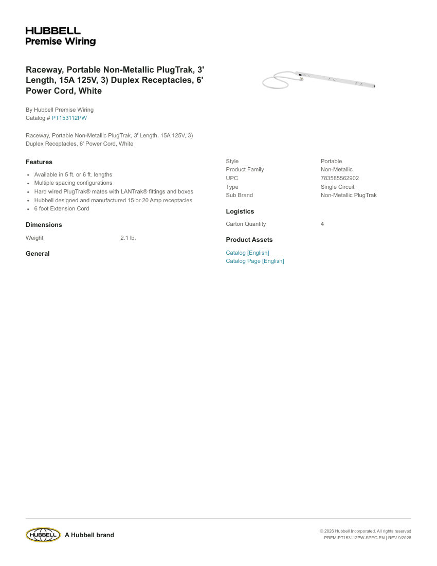 Hubbell Premise Wiring PREM-PT153112PW cut sheet — first page