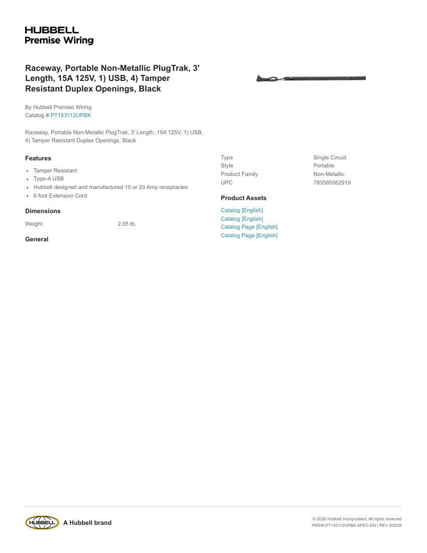 Hubbell Premise Wiring PREM-PT153112UPBK cut sheet — first page