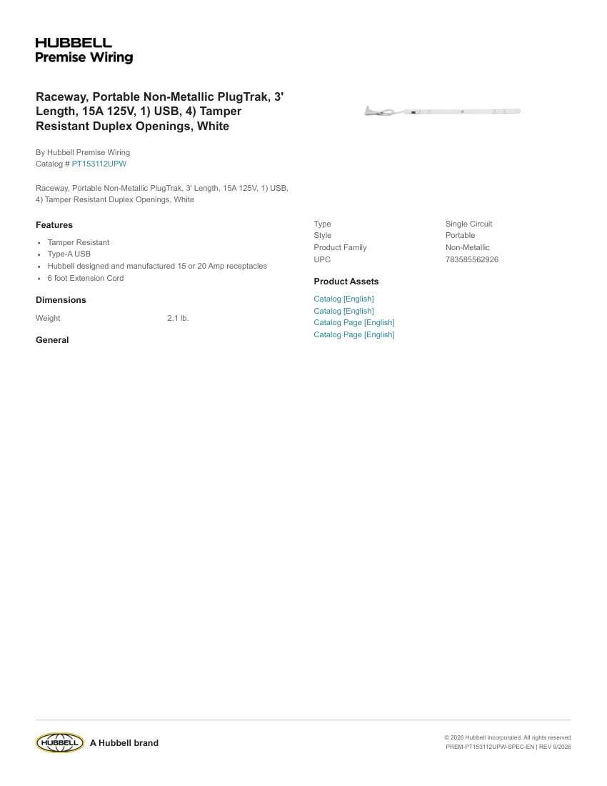 Hubbell Premise Wiring PREM-PT153112UPW cut sheet — first page