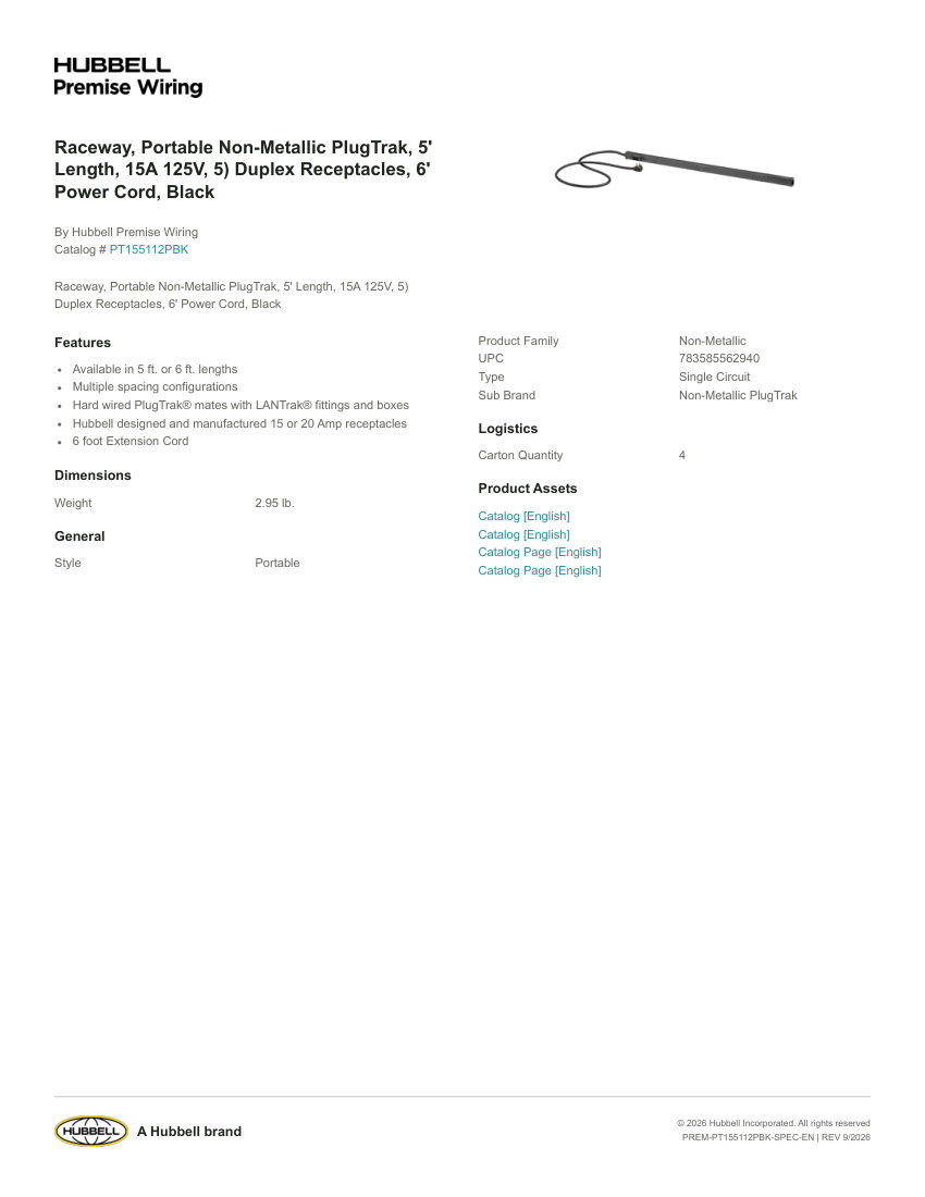 Hubbell Premise Wiring PREM-PT155112PBK cut sheet — first page