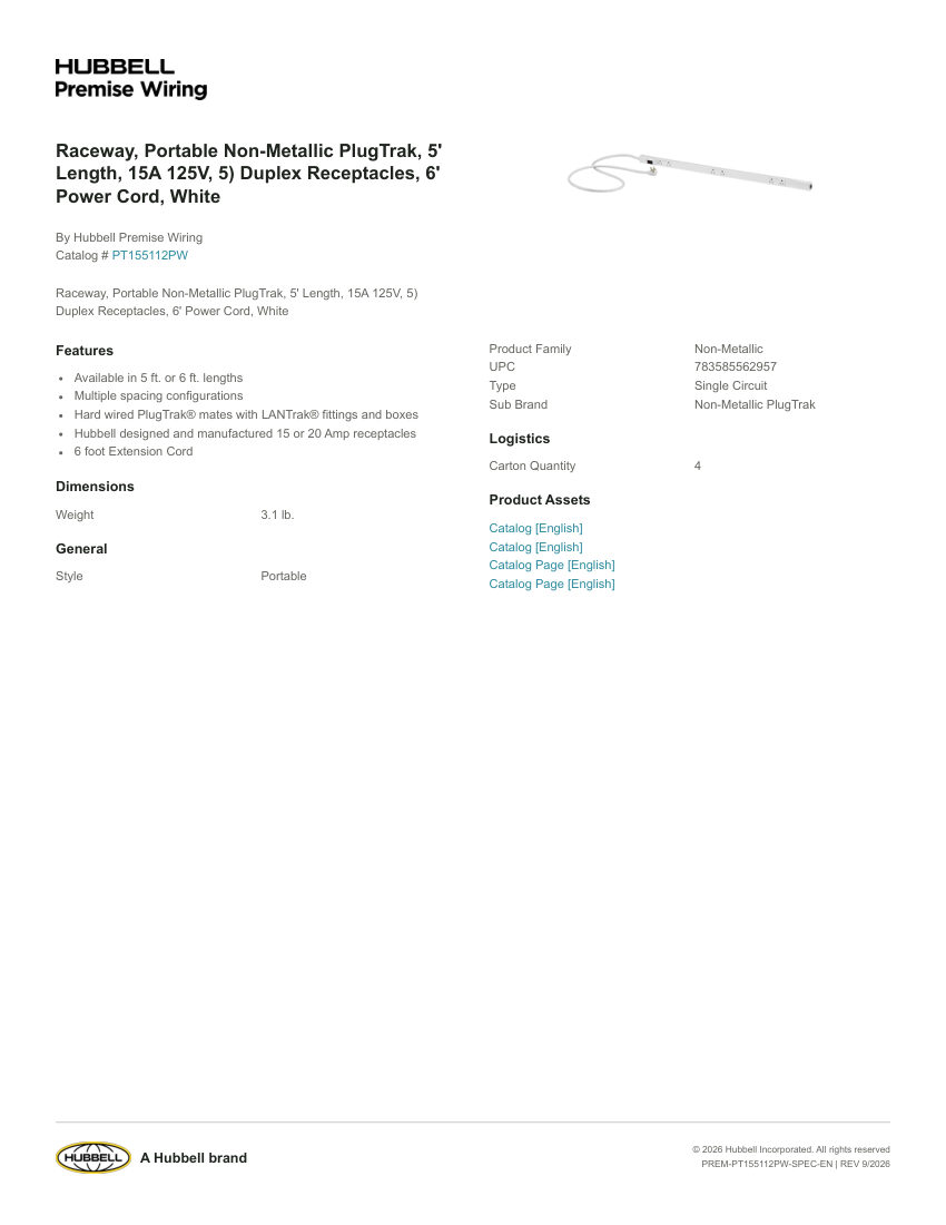 Hubbell Premise Wiring PREM-PT155112PW cut sheet — first page