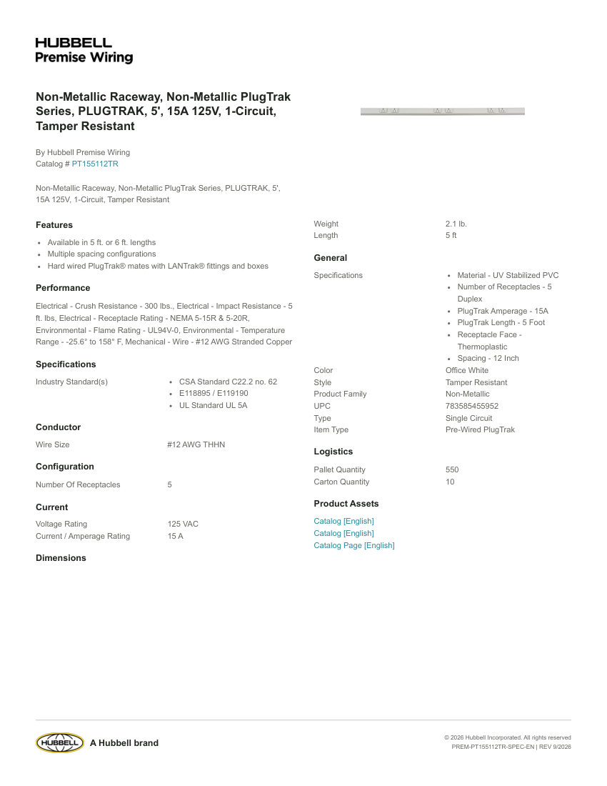 Hubbell Premise Wiring PREM-PT155112TR cut sheet — first page
