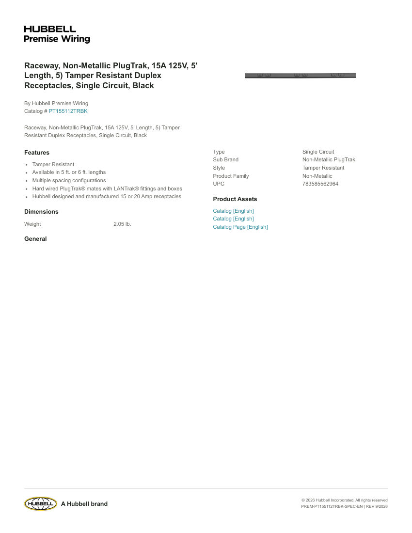 Hubbell Premise Wiring PREM-PT155112TRBK cut sheet — first page