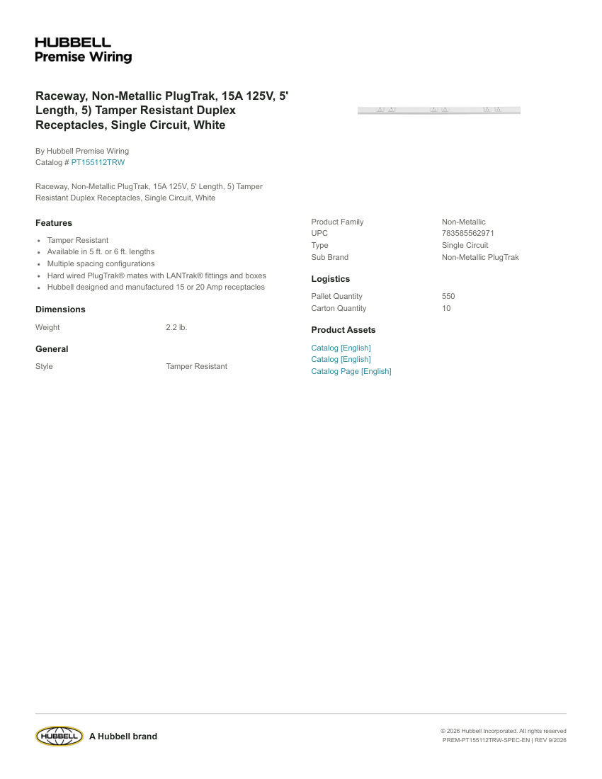Hubbell Premise Wiring PREM-PT155112TRW cut sheet — first page