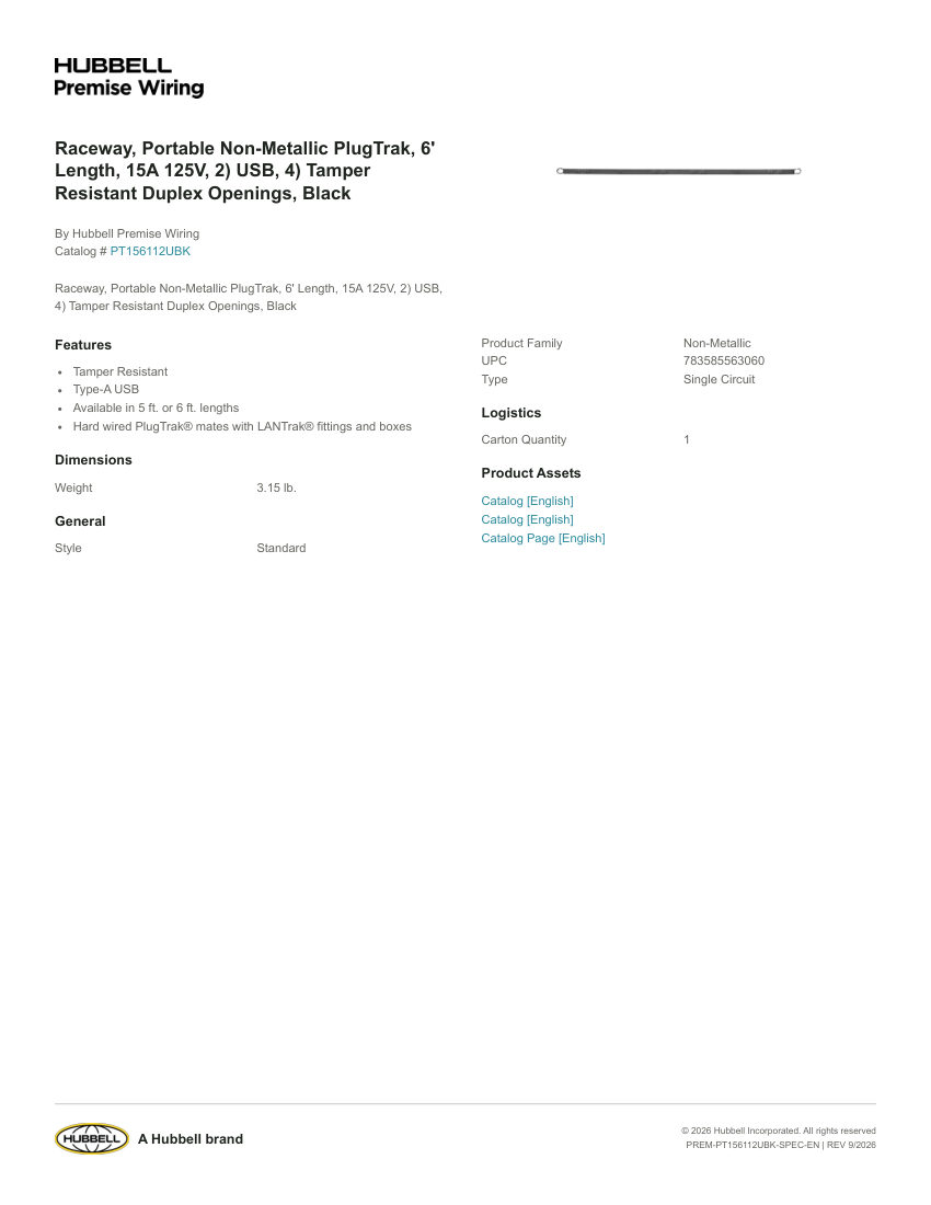 Hubbell Premise Wiring PREM-PT156112UBK cut sheet — first page