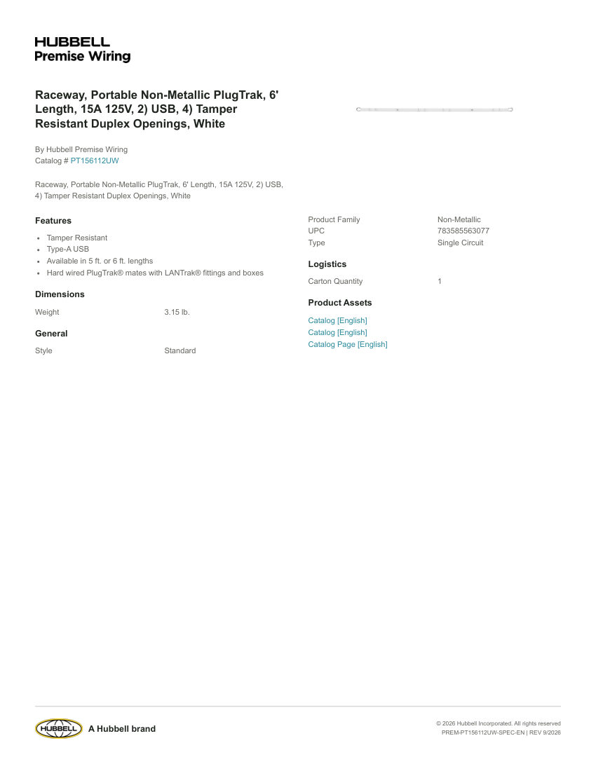 Hubbell Premise Wiring PREM-PT156112UW cut sheet — first page