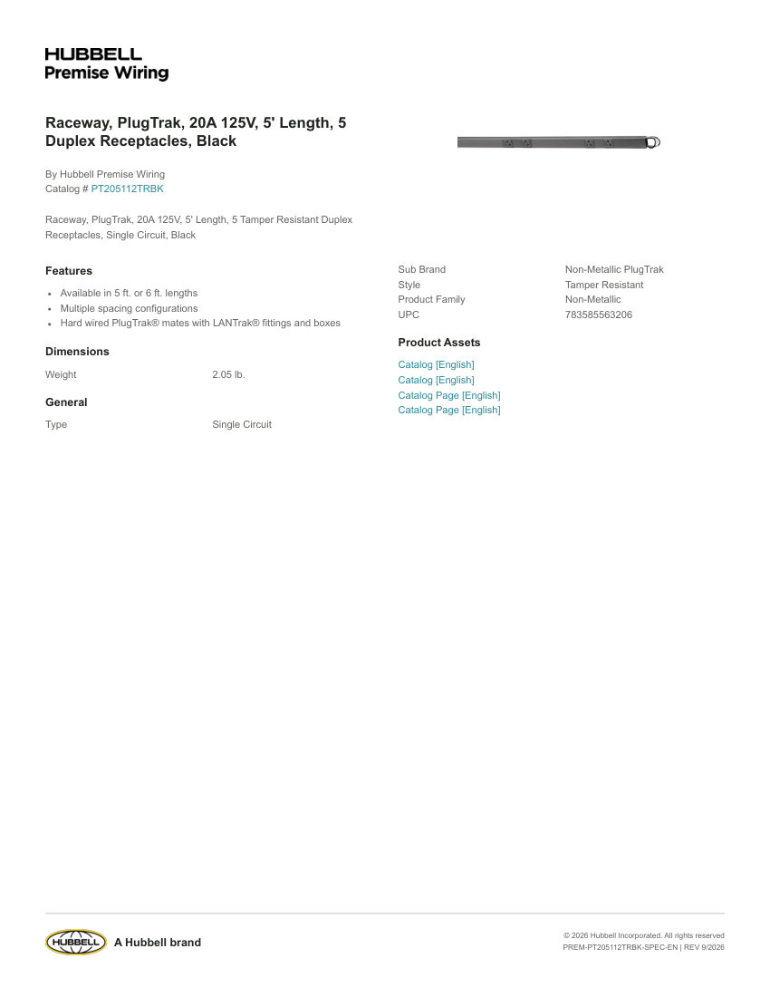 Hubbell Premise Wiring PREM-PT205112TRBK cut sheet — first page