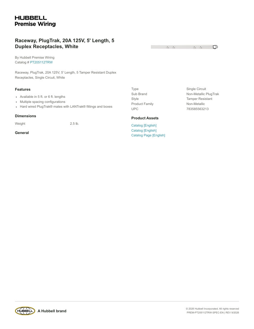 Hubbell Premise Wiring PREM-PT205112TRW cut sheet — first page