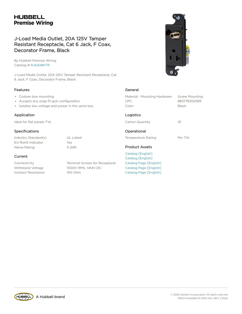 Hubbell Premise Wiring PREM-RJ620BKTR cut sheet — first page