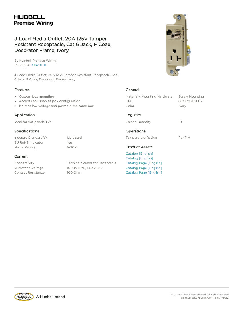 Hubbell Premise Wiring PREM-RJ620ITR cut sheet — first page
