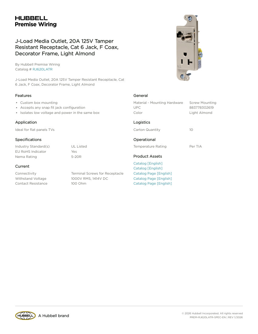 Hubbell Premise Wiring PREM-RJ620LATR cut sheet — first page