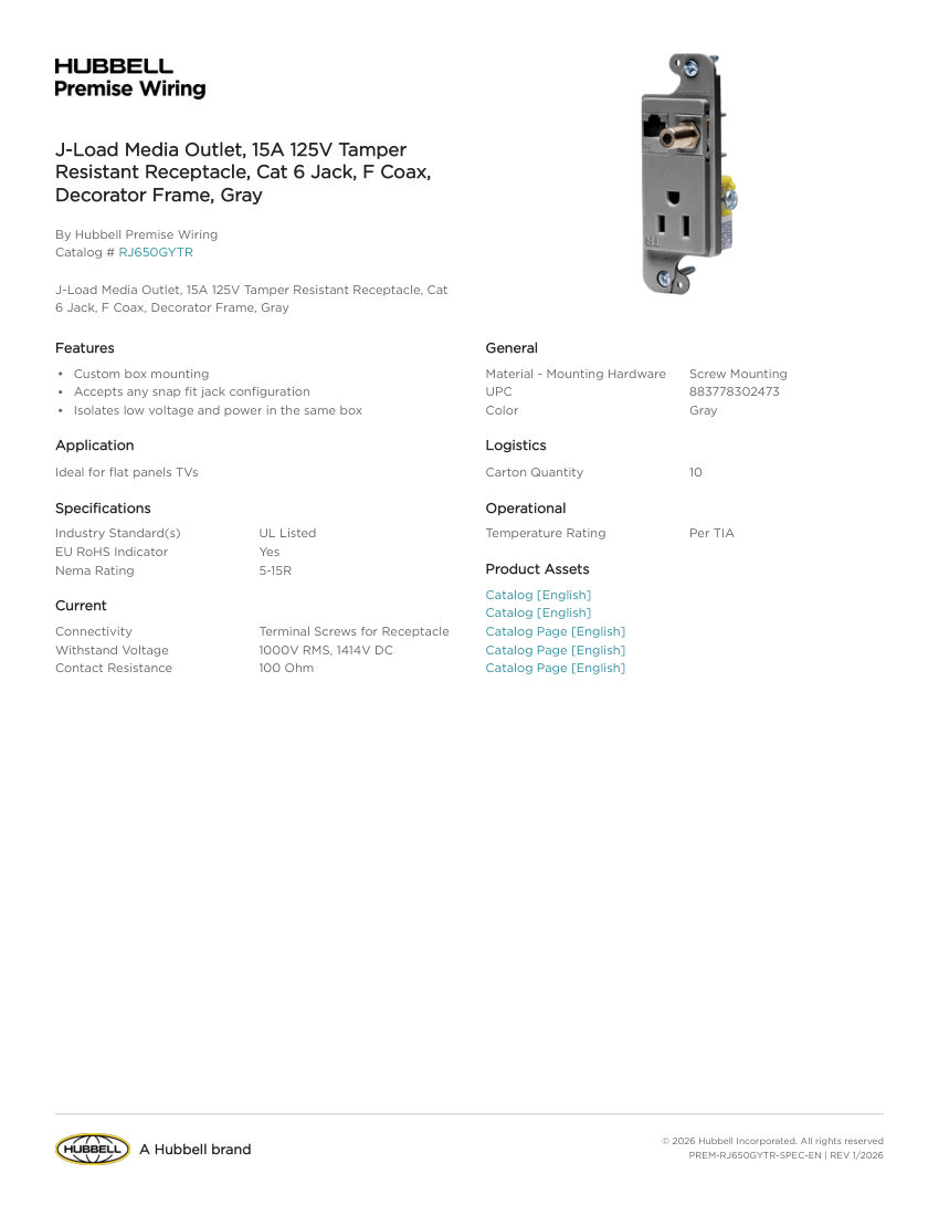 Hubbell Premise Wiring PREM-RJ650GYTR cut sheet — first page