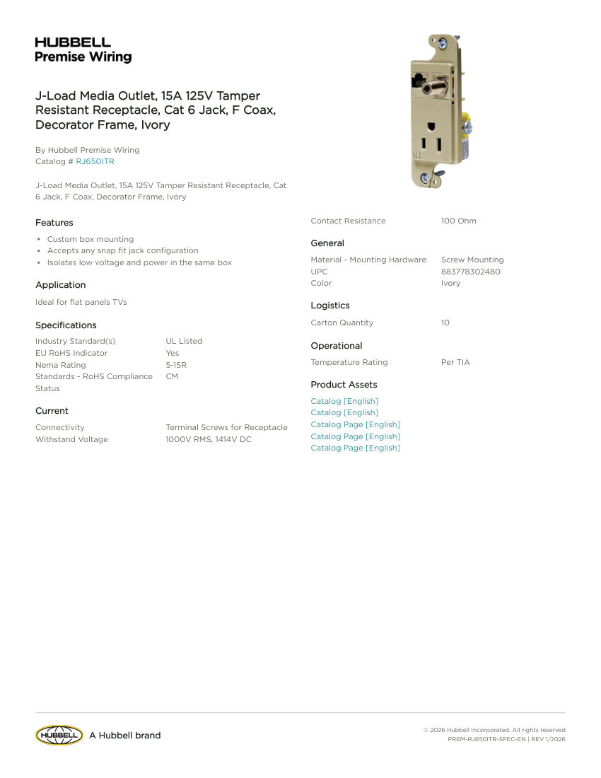 Hubbell Premise Wiring PREM-RJ650ITR cut sheet — first page