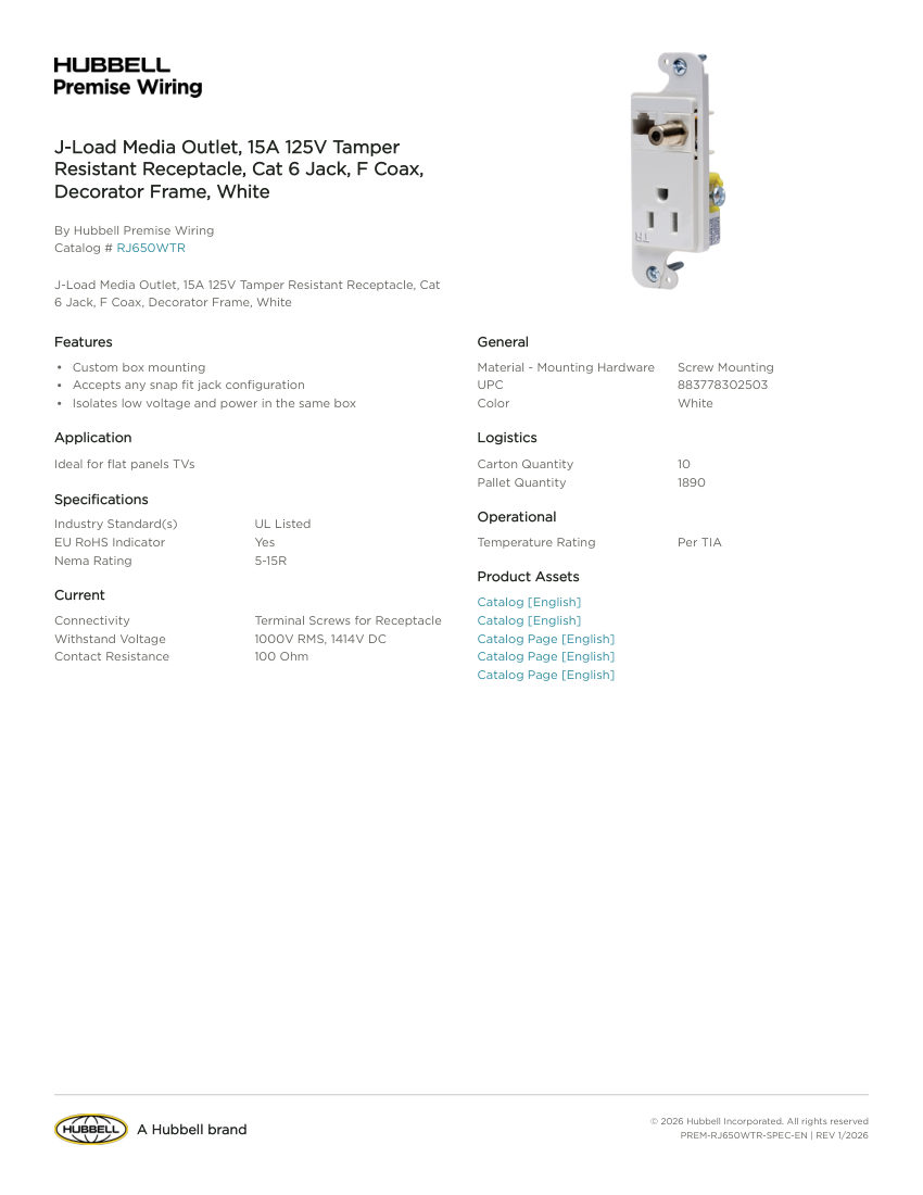 Hubbell Premise Wiring PREM-RJ650WTR cut sheet — first page