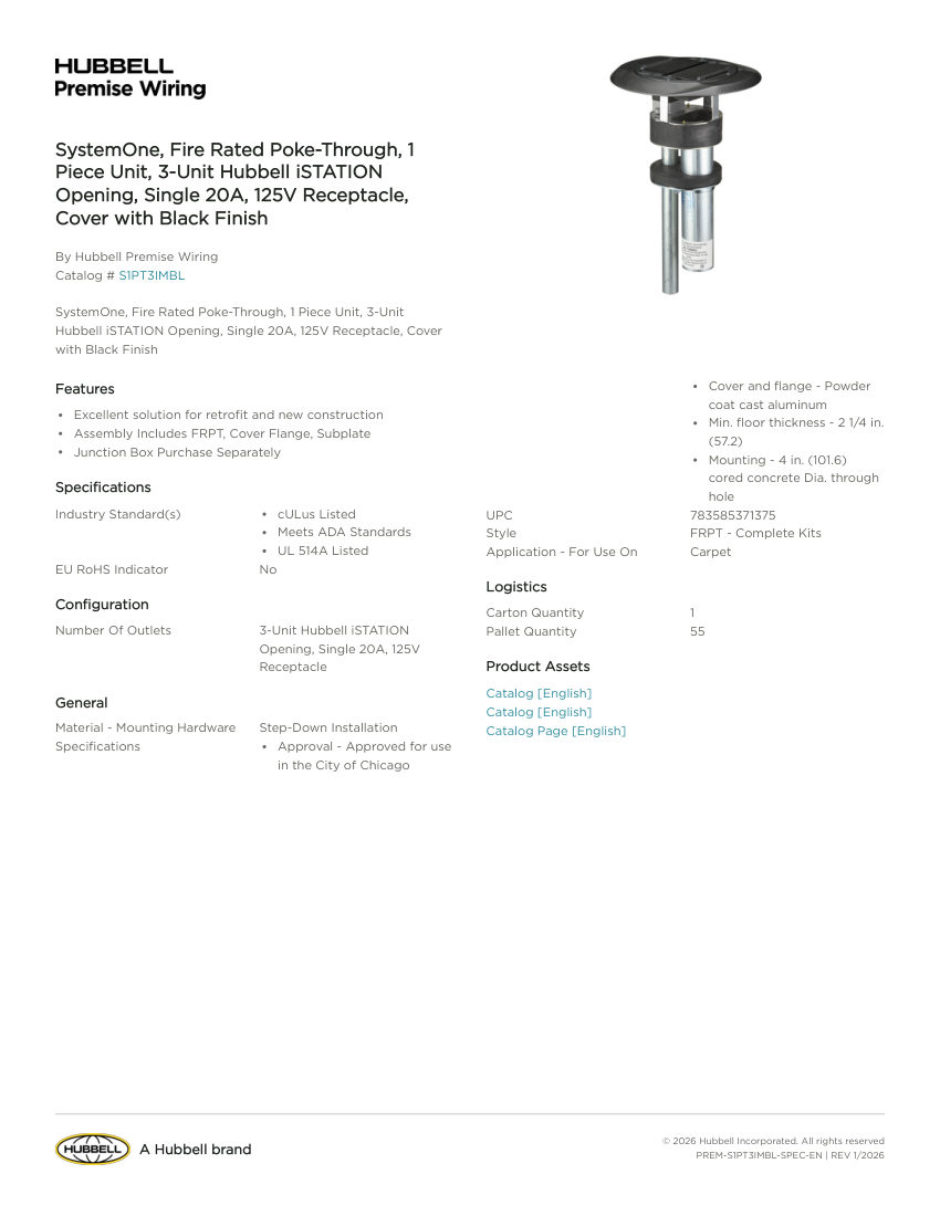 Hubbell Premise Wiring PREM-S1PT3IMBL cut sheet — first page