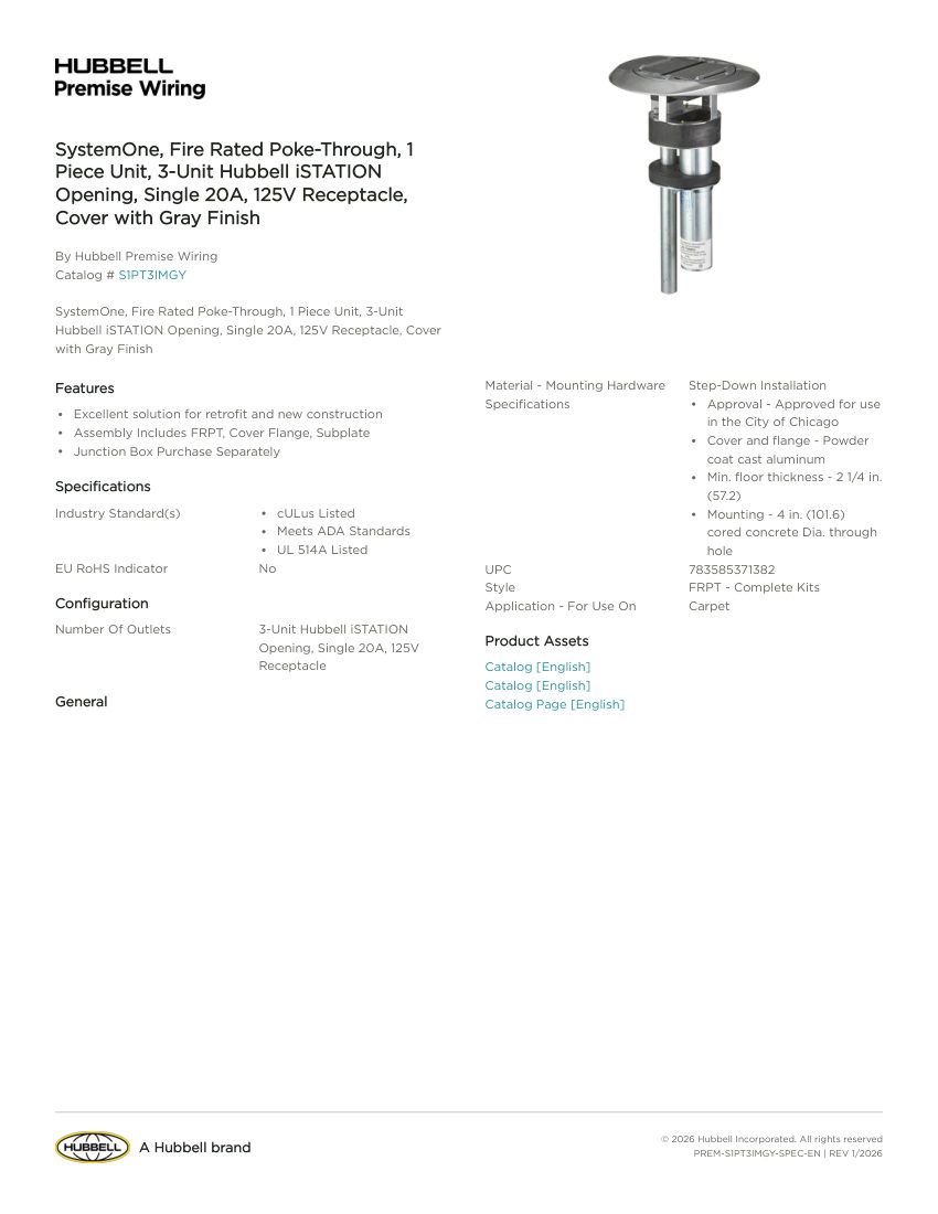 Hubbell Premise Wiring PREM-S1PT3IMGY cut sheet — first page