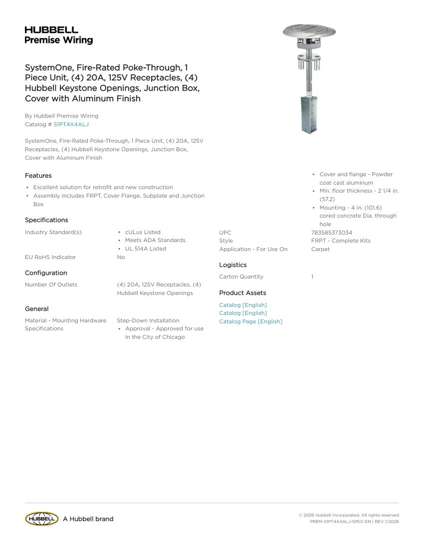 Hubbell Premise Wiring PREM-S1PT4X4ALJ cut sheet — first page