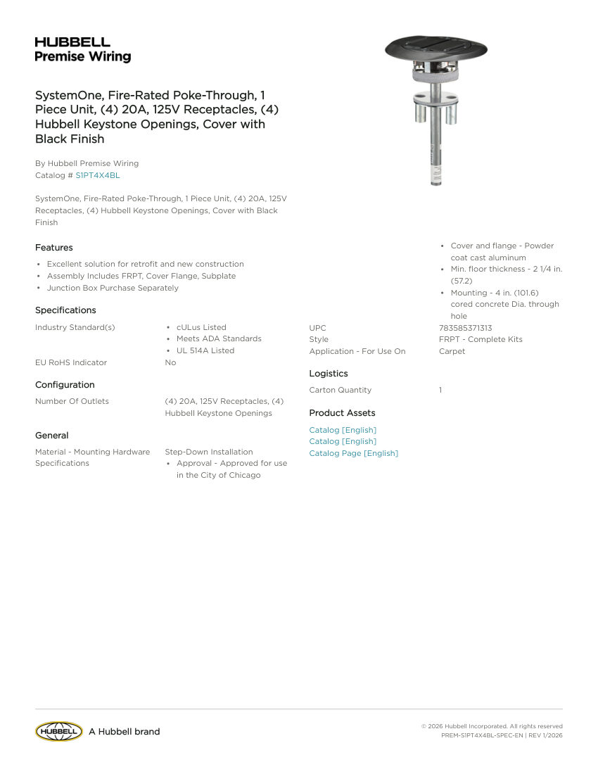 Hubbell Premise Wiring PREM-S1PT4X4BL cut sheet — first page
