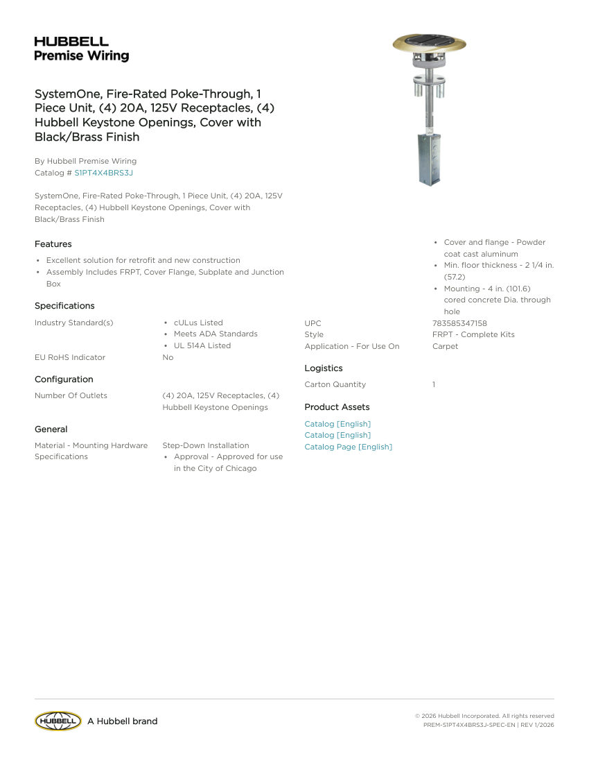Hubbell Premise Wiring PREM-S1PT4X4BRS3J cut sheet — first page