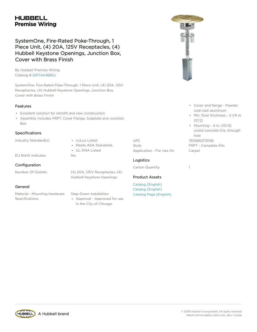 Hubbell Premise Wiring PREM-S1PT4X4BRSJ cut sheet — first page