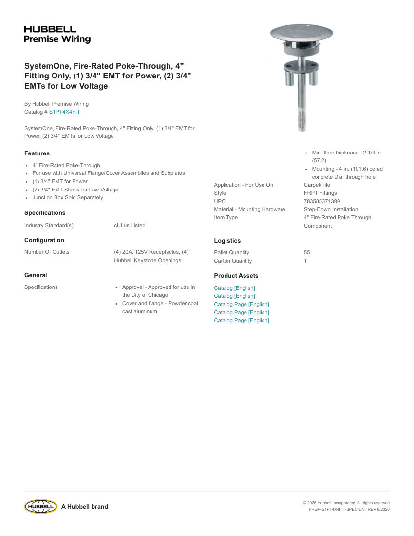 Hubbell Premise Wiring PREM-S1PT4X4FIT cut sheet — first page