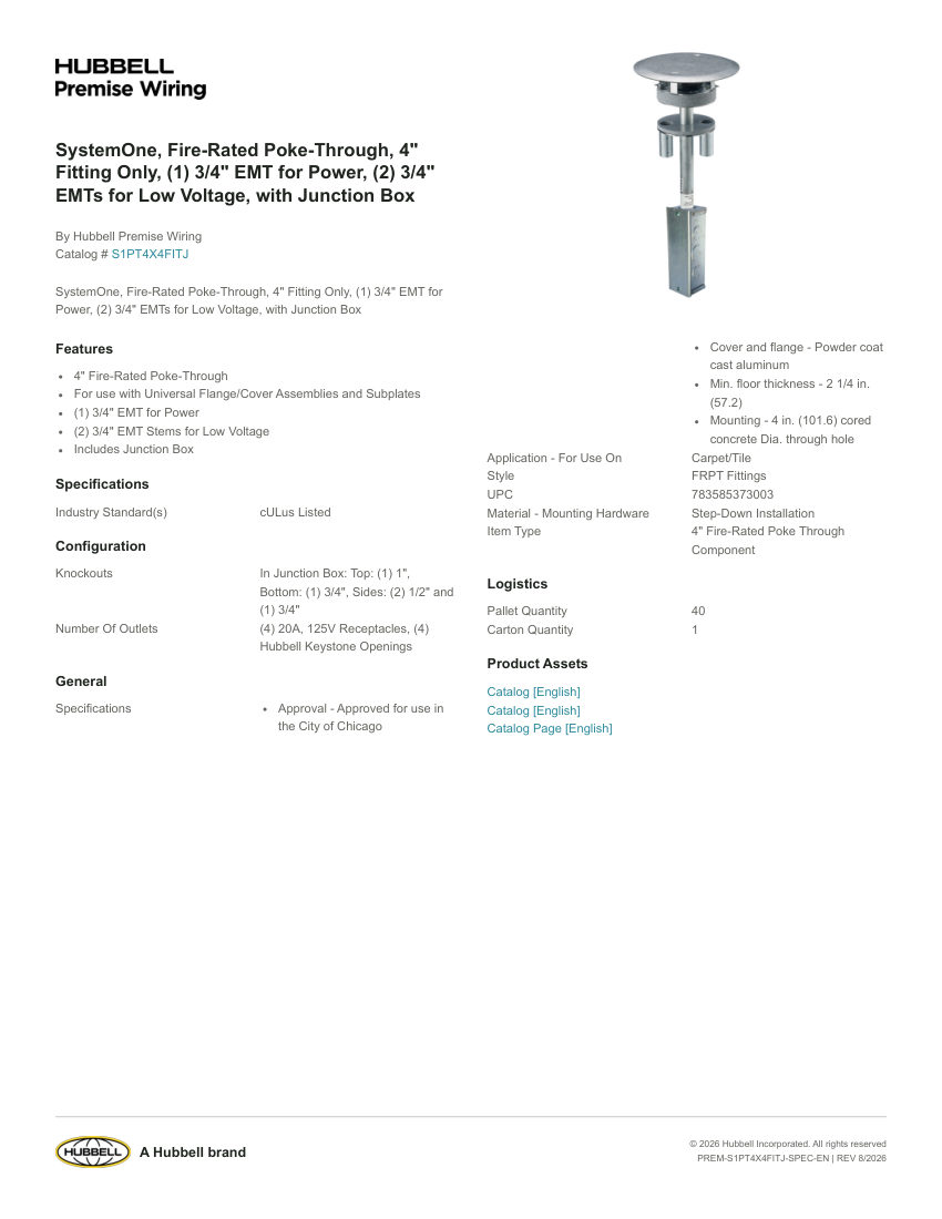 Hubbell Premise Wiring PREM-S1PT4X4FITJ cut sheet — first page