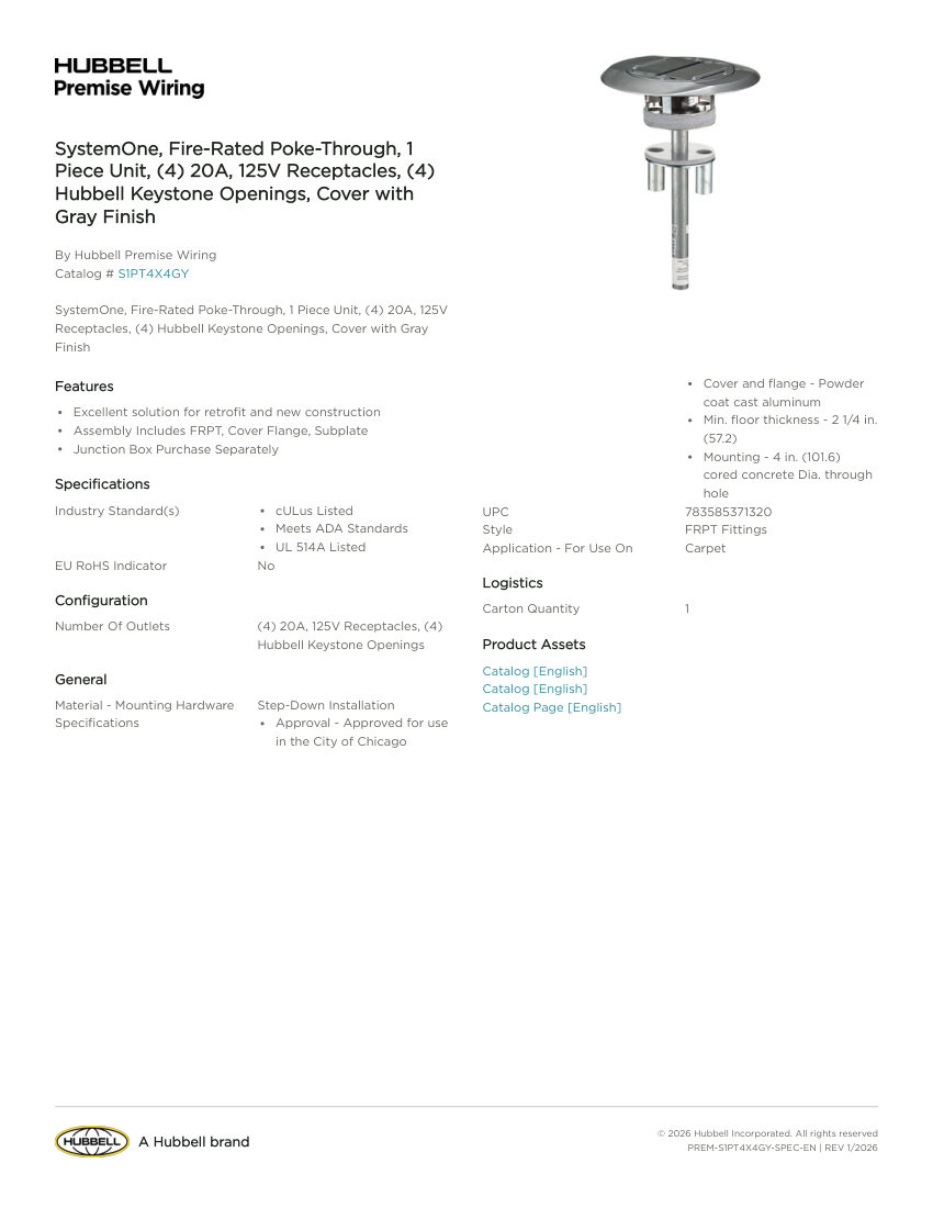 Hubbell Premise Wiring PREM-S1PT4X4GY cut sheet — first page