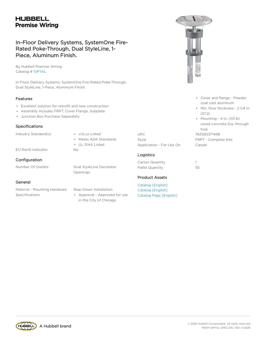 Hubbell Premise Wiring PREM-S1PTAL cut sheet — first page