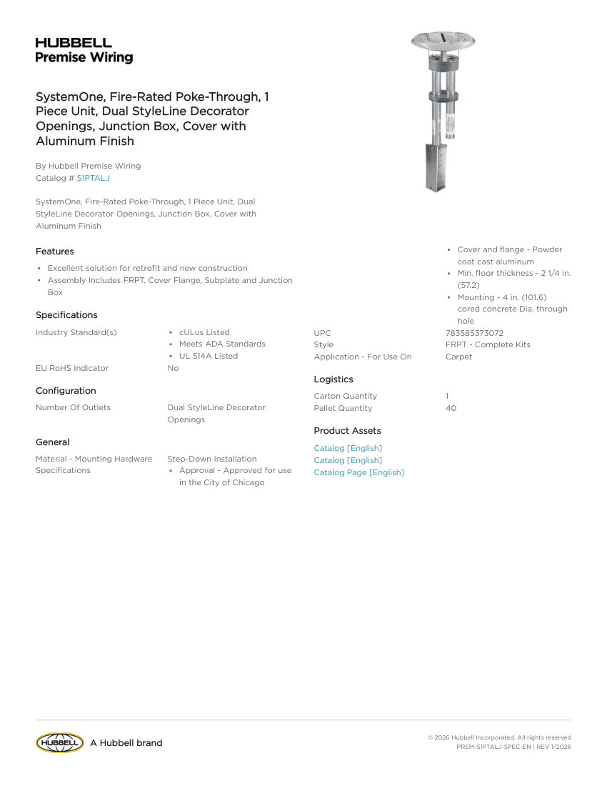 Hubbell Premise Wiring PREM-S1PTALJ cut sheet — first page