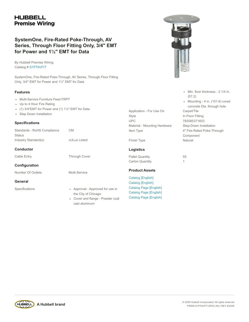 Hubbell Premise Wiring PREM-S1PTAVFIT cut sheet — first page