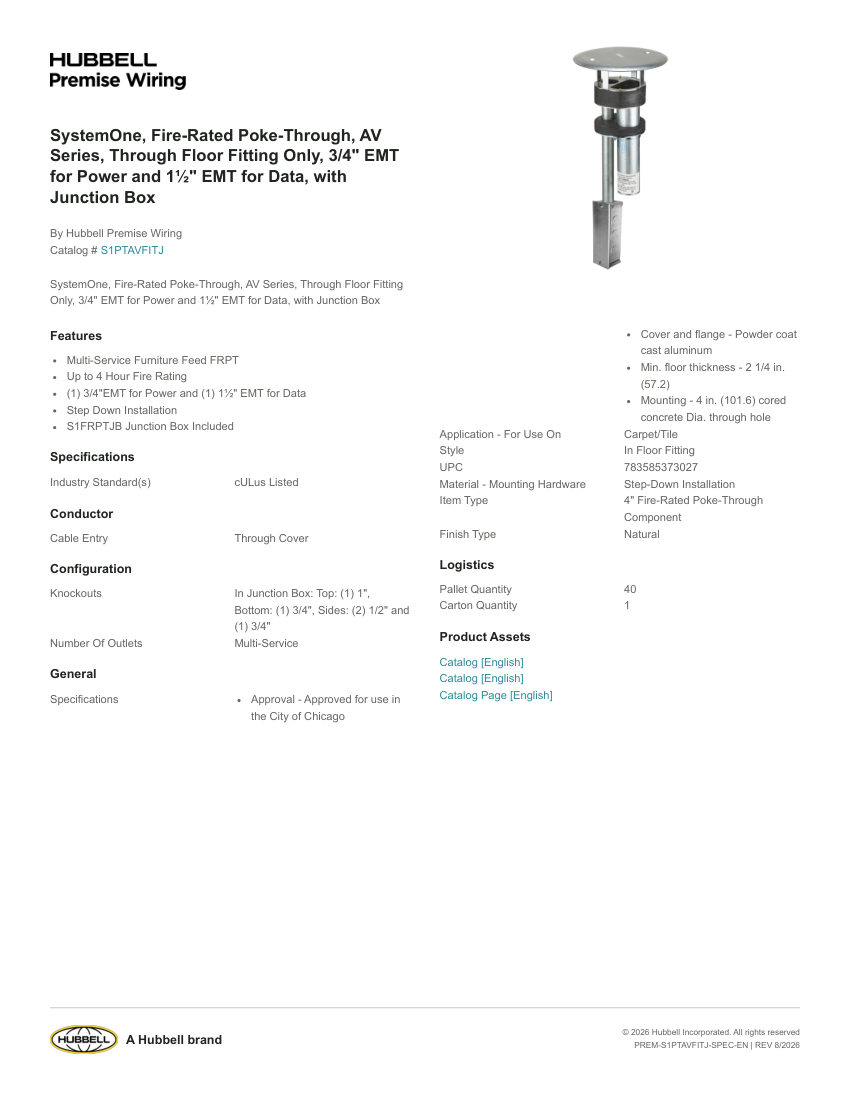 Hubbell Premise Wiring PREM-S1PTAVFITJ cut sheet — first page
