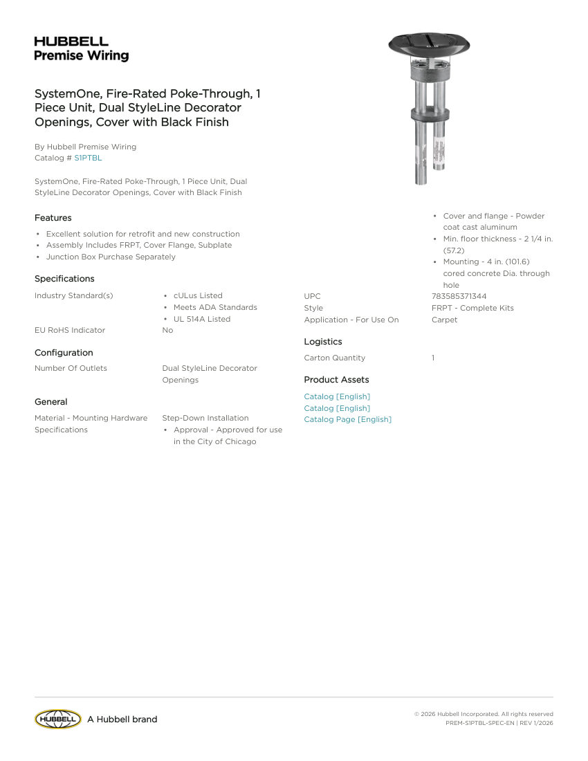 Hubbell Premise Wiring PREM-S1PTBL cut sheet — first page