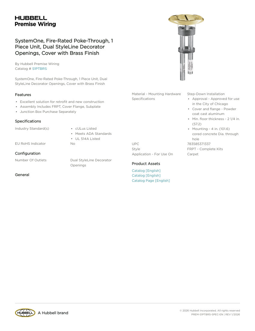 Hubbell Premise Wiring PREM-S1PTBRS cut sheet — first page