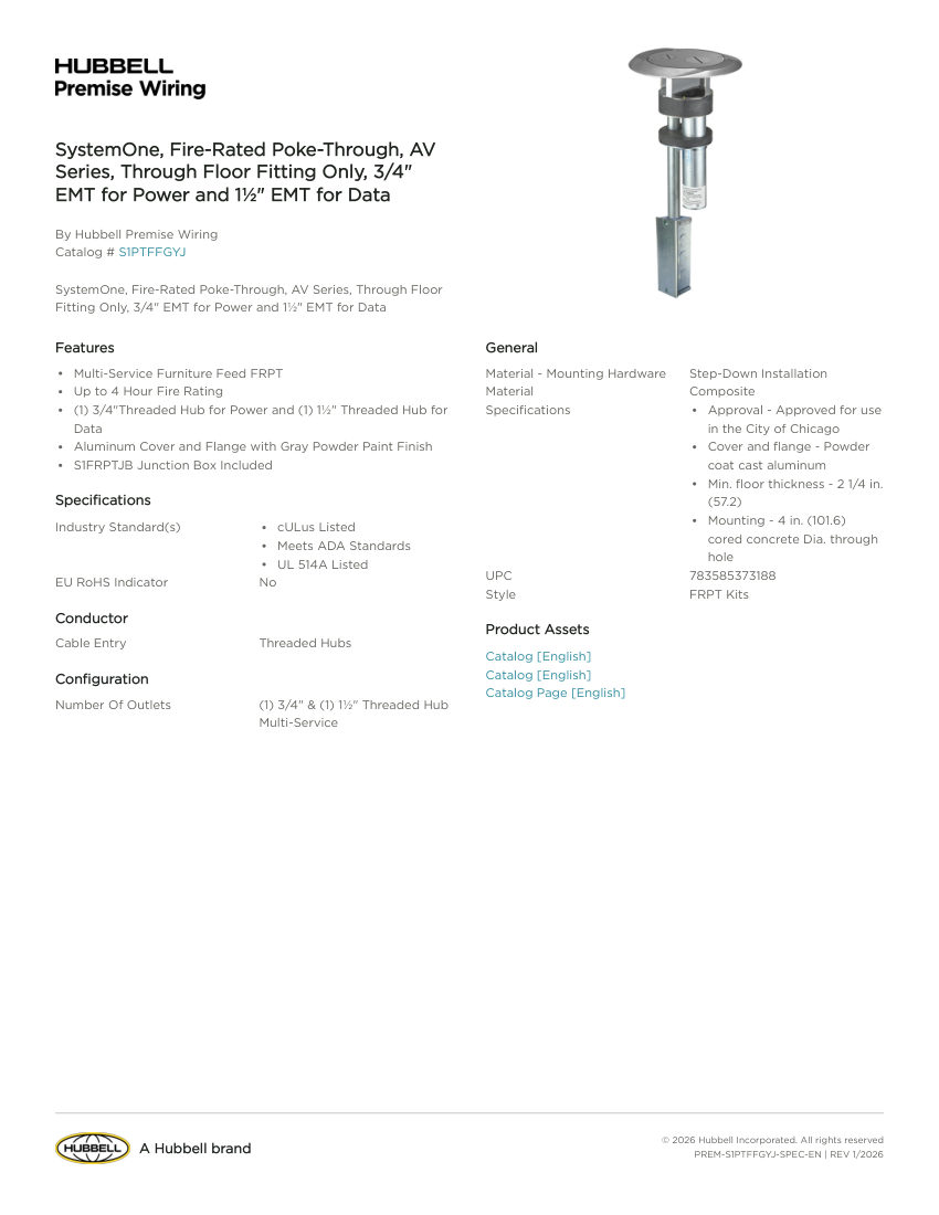 Hubbell Premise Wiring PREM-S1PTFFGYJ cut sheet — first page