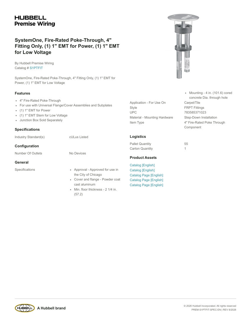 Hubbell Premise Wiring PREM-S1PTFIT cut sheet — first page