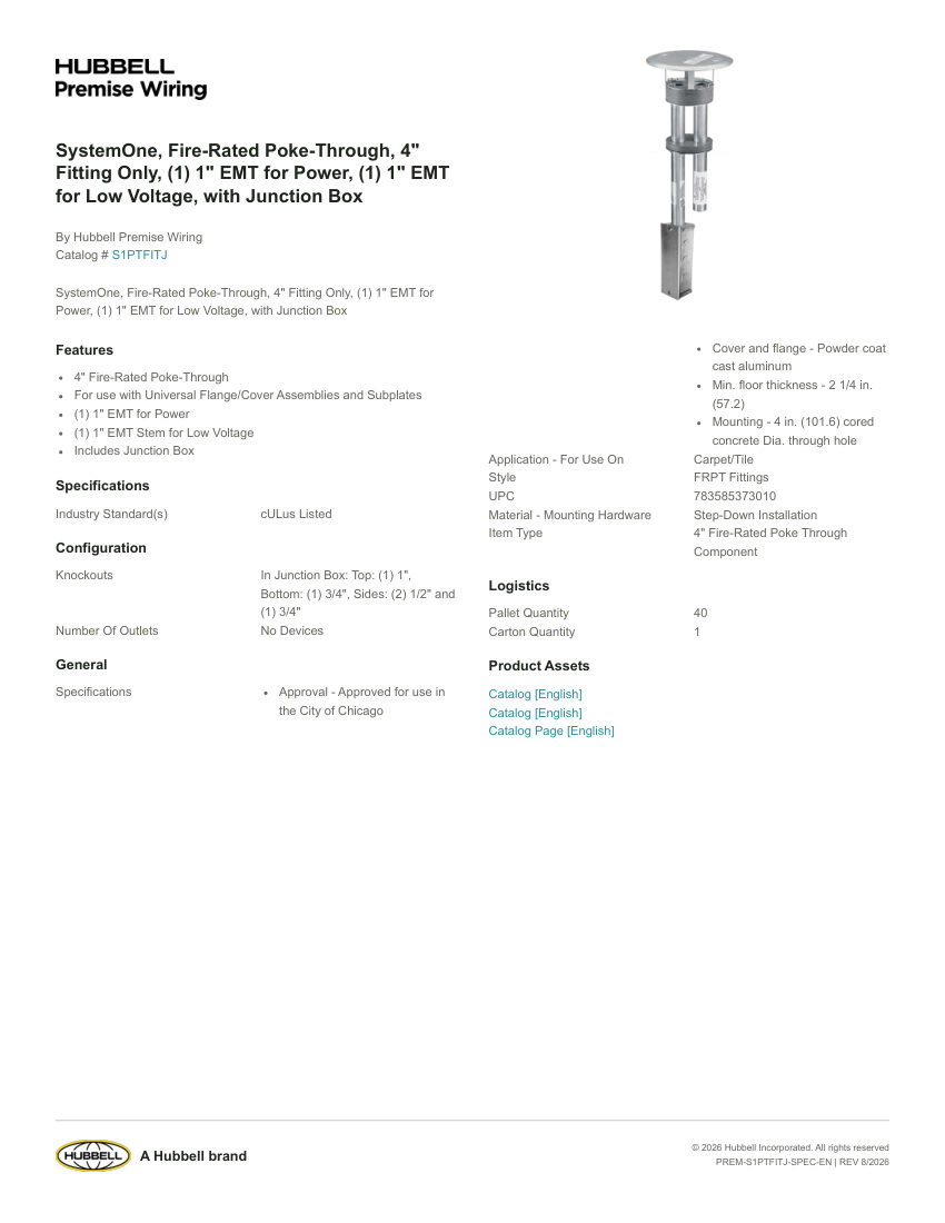 Hubbell Premise Wiring PREM-S1PTFITJ cut sheet — first page
