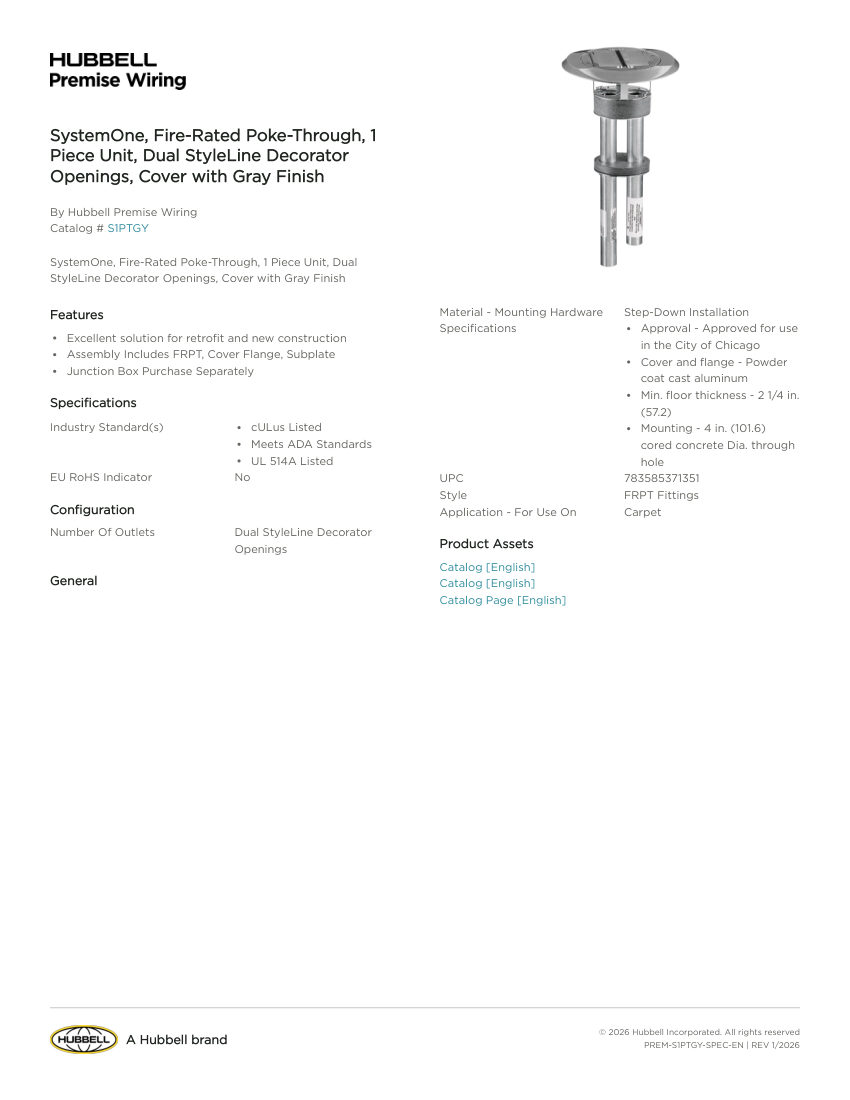 Hubbell Premise Wiring PREM-S1PTGY cut sheet — first page