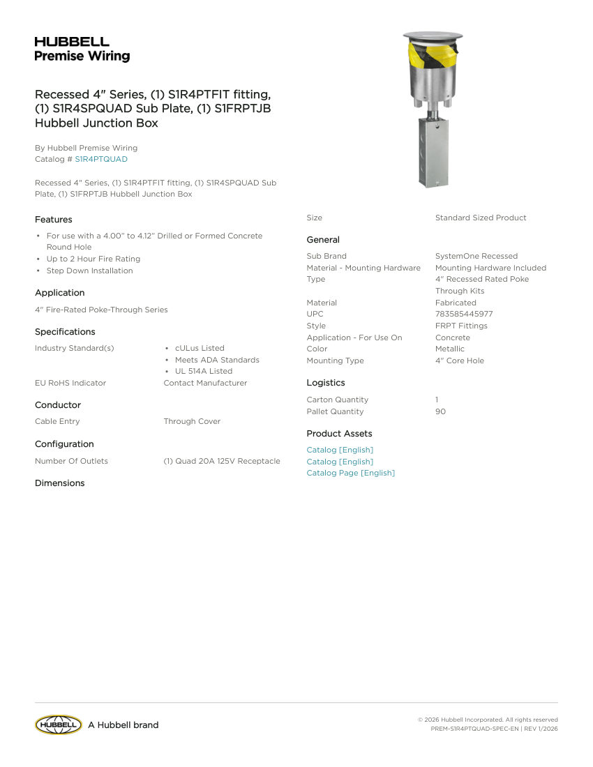 Hubbell Premise Wiring PREM-S1R4PTQUAD cut sheet — first page